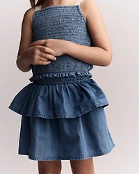 Toddler Girl Smocked Tiered Skirt in Chambray
