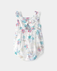 Baby Girl Tropical Beach Sleeveless Romper - Ivory/Green