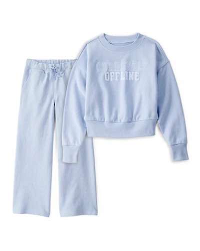 Girls 2-Piece Oversized "Currently Offline" Sweatshirt & Drawstring Pants Set - Blue