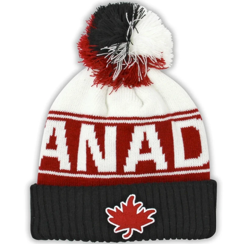 Cream Black and Red Athletic Maple Leaf Toque w/Pom-Pom