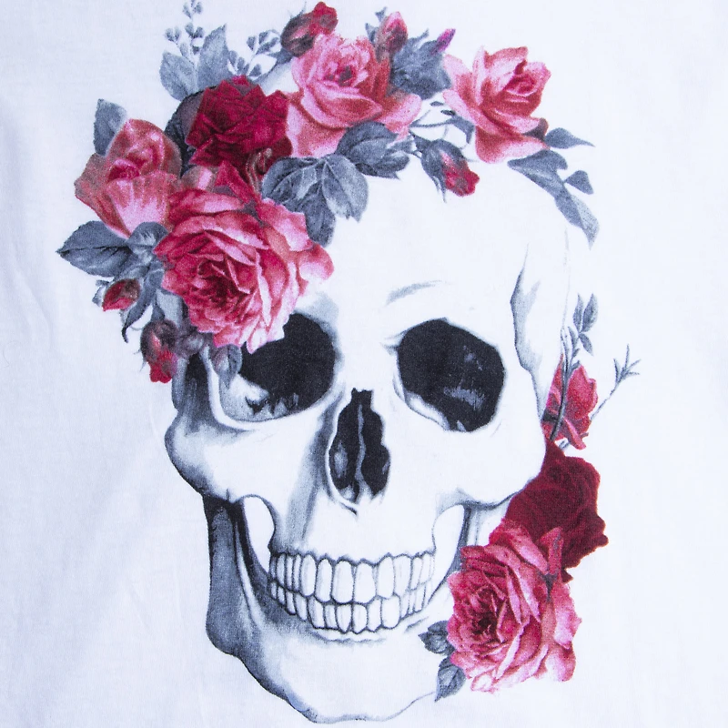 cute shirt for women;skull shirt;skull tee;shirt with skull and flowers;women's tee;halloween tee women;halloween women;cute shirt;pretty tee;white tshirt on it;skull