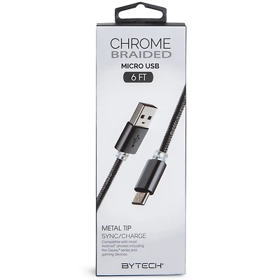 micro usb cable, cable that doesn't break, indestructible toughest braided, 6ft braided rubber coated bytech 6ft, chrome cheap for android, charging android cable;usb cable;charging cable;designer cable;micro cord;charging device;android