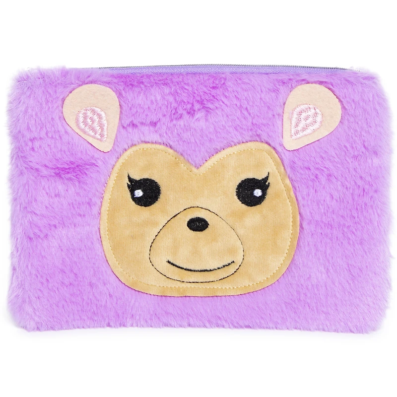 pencil case, pouch, zipper bag, cute makeup critter, plush animal, cheetah, leopard, unicorn, rainbow, glitter