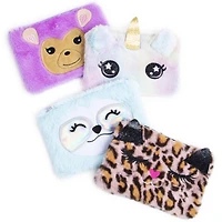 pencil case, pouch, zipper bag, cute makeup critter, plush animal, cheetah, leopard, unicorn, rainbow, glitter