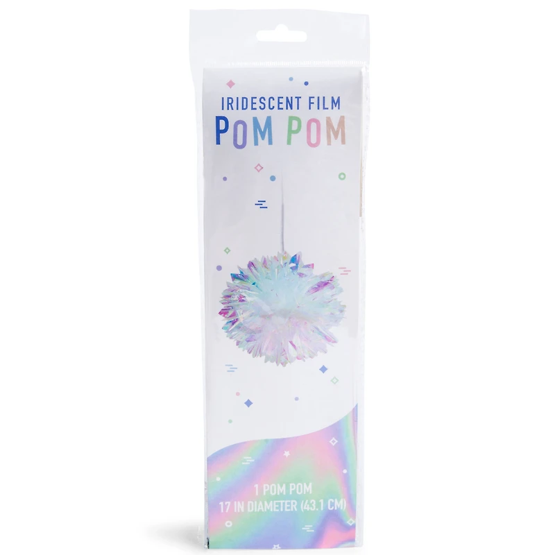 iridescent film pom pom hanging party decoration 17in