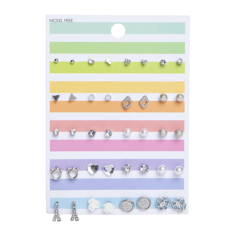 Silver Shaped Stud Earrings 20-Pair Set