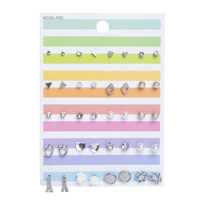 Silver Shaped Stud Earrings 20-Pair Set