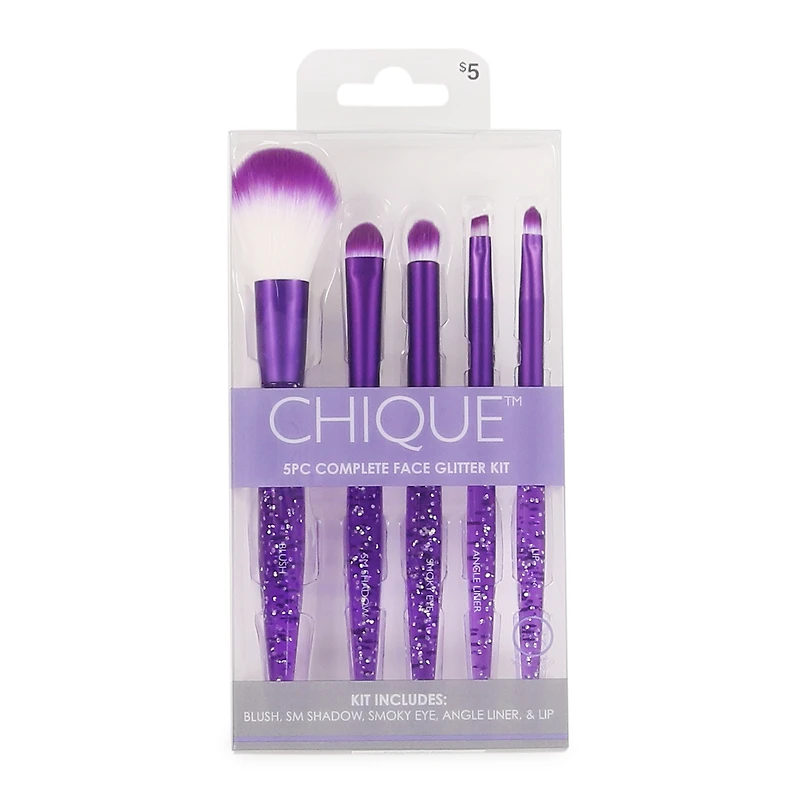 Chique™ Complete Face Makeup Brush Set 5-Piece - Purple Glitter