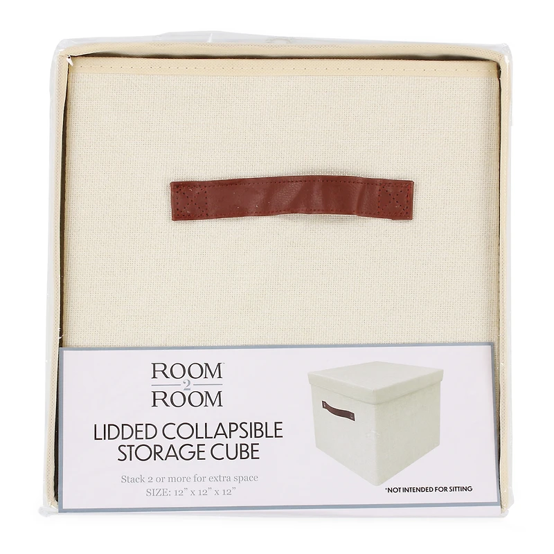 Collapsible Fabric Storage Cube W/ Lid & Faux Leather Handles