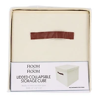 Collapsible Fabric Storage Cube W/ Lid & Faux Leather Handles