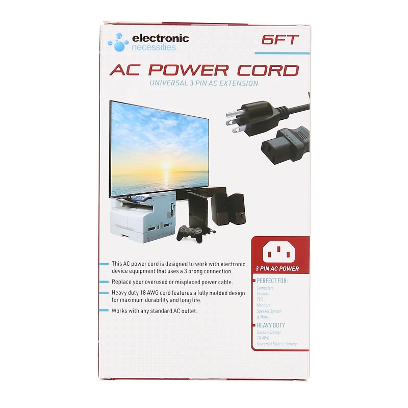 Universal Replacement 3-Pin Ac Power Cord 6ft
