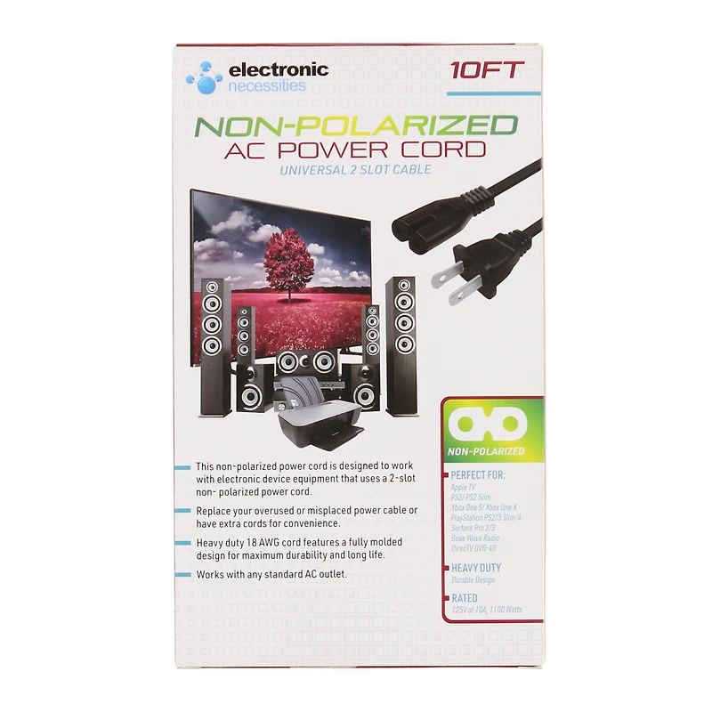 Universal Replacement Non-Polarized 2-Slot Ac Power Cord 10ft