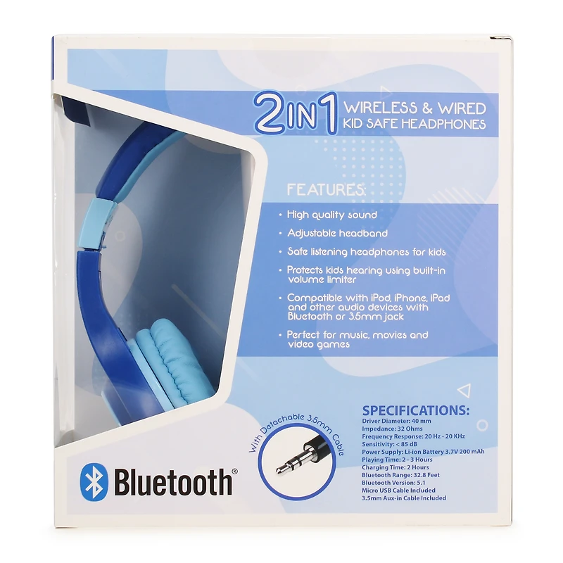 kid-safe 2-in-1 wireless & wired headphones with microphone