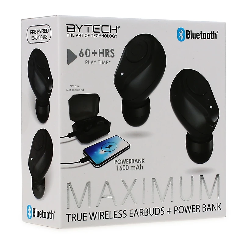 Maximum Bluetooth® Earbuds With Mic + Power Bank Charging Case