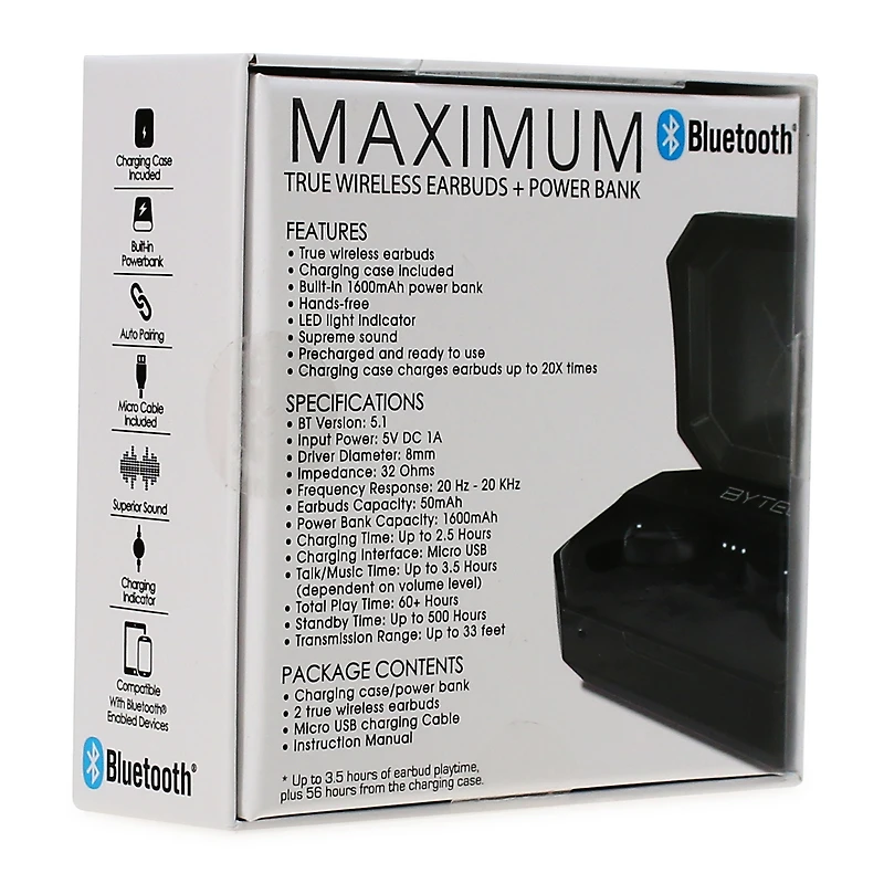 Maximum Bluetooth® Earbuds With Mic + Power Bank Charging Case