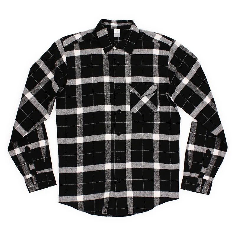 young men's button-down flannel shirt - black & white plaid