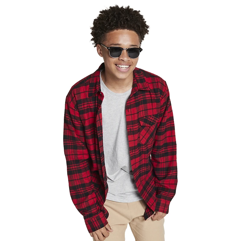 young men's button-down flannel shirt - red & black plaid