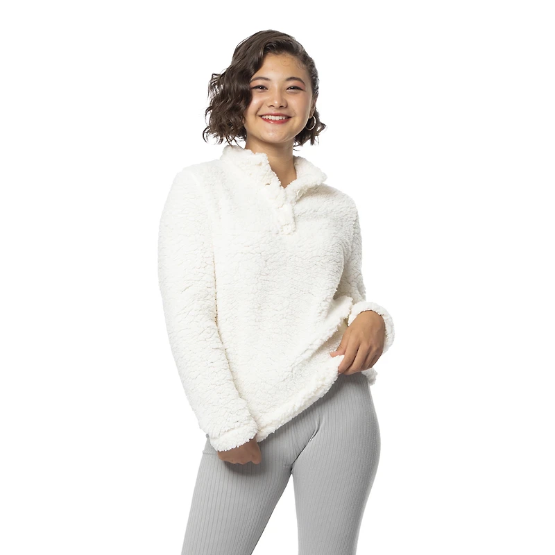 Juniors Fuzzy Sherpa Fleece Pullover Top - White