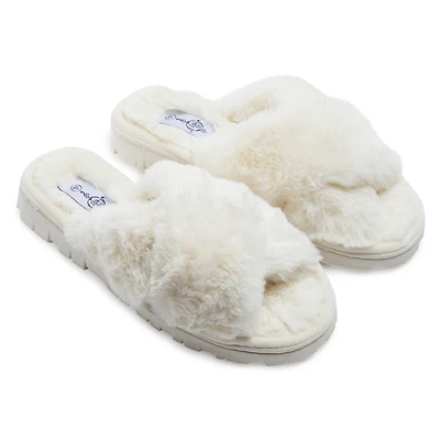 ladies ivory faux fur slide sandals