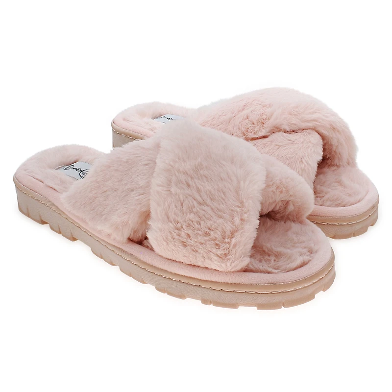 ladies pink faux fur slide sandals