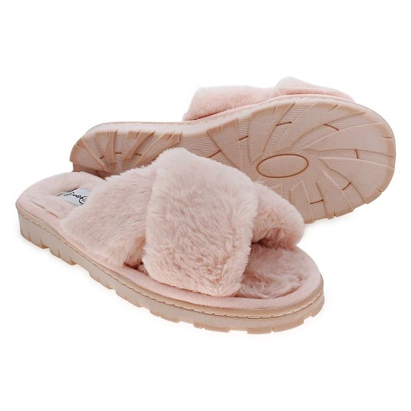 ladies pink faux fur slide sandals