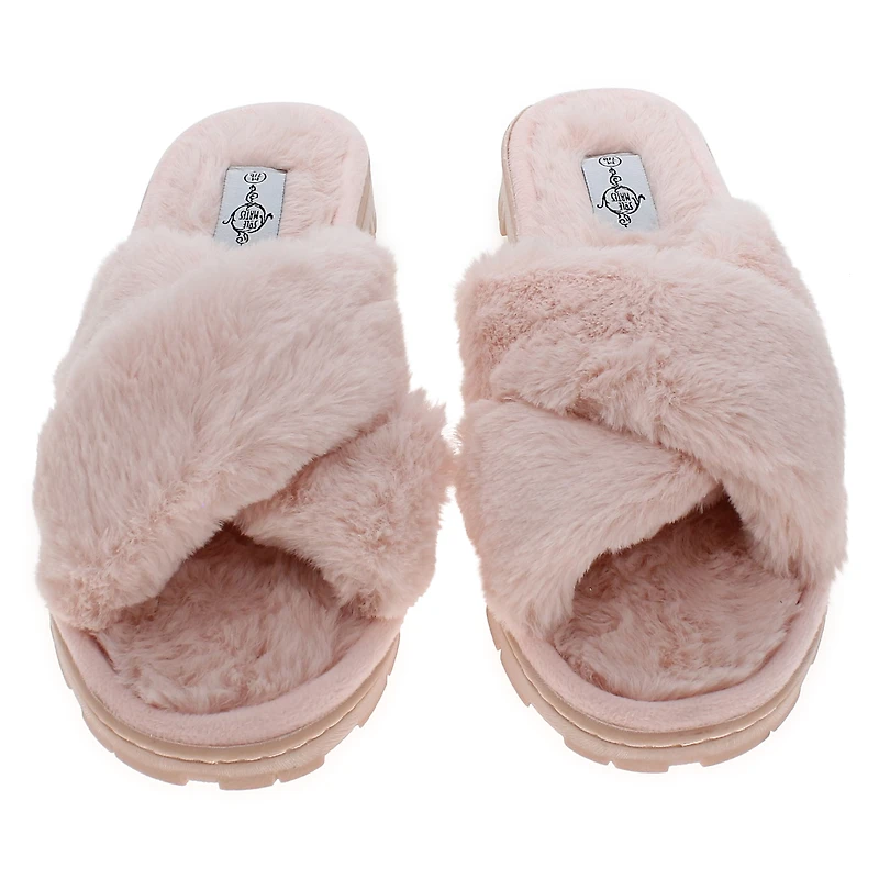 ladies pink faux fur slide sandals
