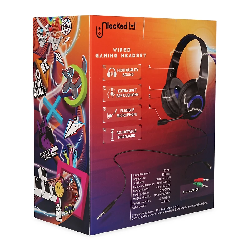 unlocked lvl™ black & blue gaming headset with boom mic