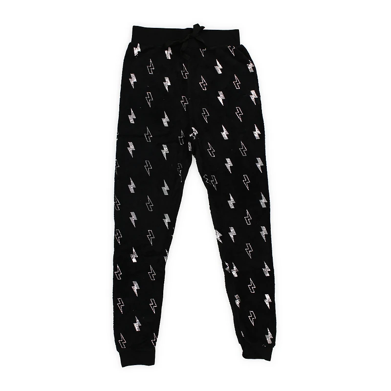 juniors plush black joggers w/ metallic lightning