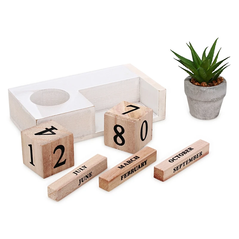 wood perpetual calendar with faux succulent plant