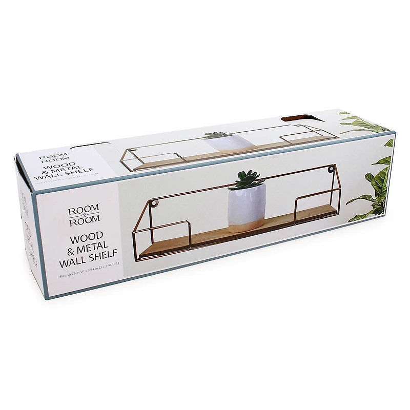 gold wire & wood wall shelf 15.75in