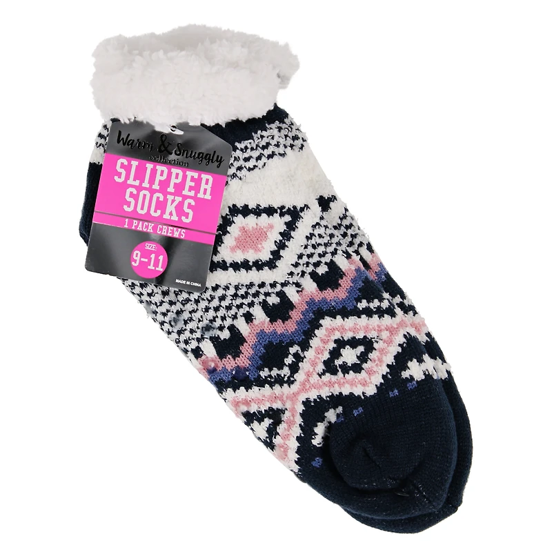 Ladies Sherpa & Fair Isle Knit Slipper Socks