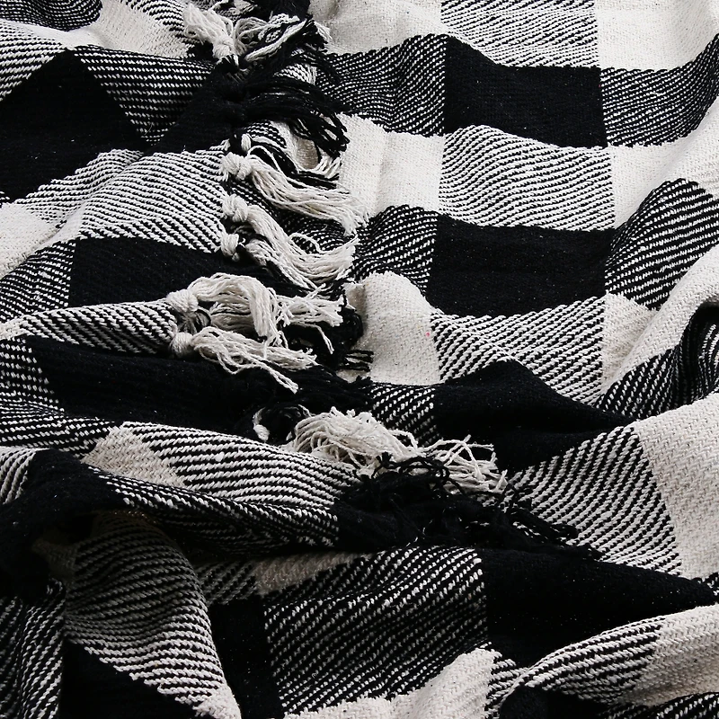 white plaid woven cotton throw blanket