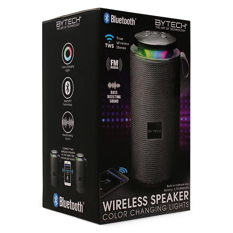 bass boost bluetooth speaker w. FM radio, pairing, LED lights