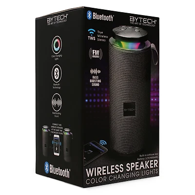 bass boost bluetooth speaker w. FM radio, pairing, LED lights