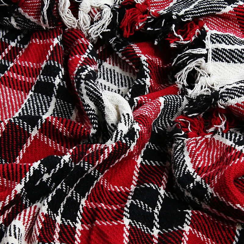 red & white plaid woven cotton throw blanket
