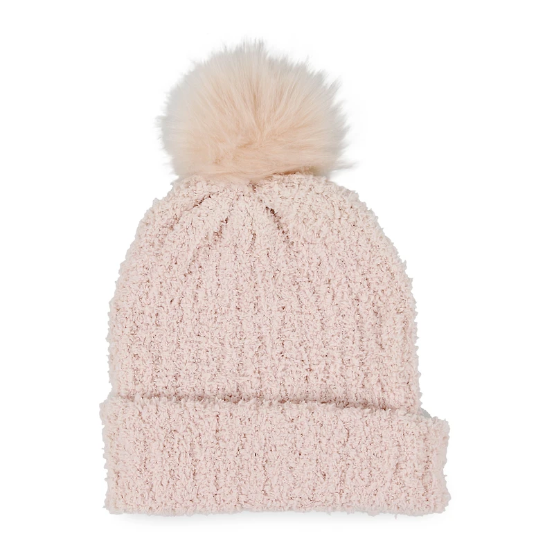 fuzzy knit beanie hat with faux fur pom