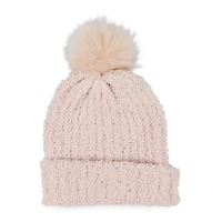 fuzzy knit beanie hat with faux fur pom