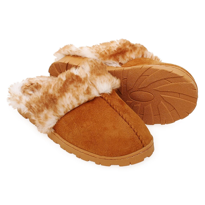 ladies brown lug sole faux fur scuff slippers