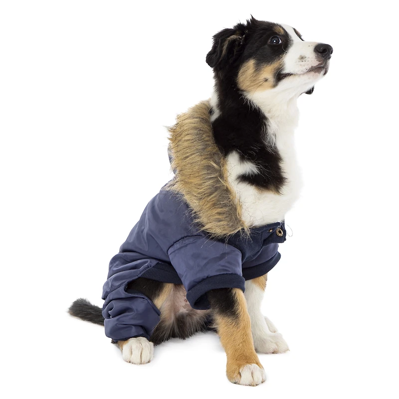 pet snowsuit with faux fur trim hood