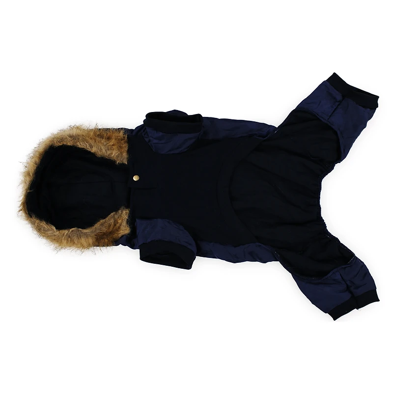pet snowsuit with faux fur trim hood
