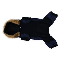 pet snowsuit with faux fur trim hood