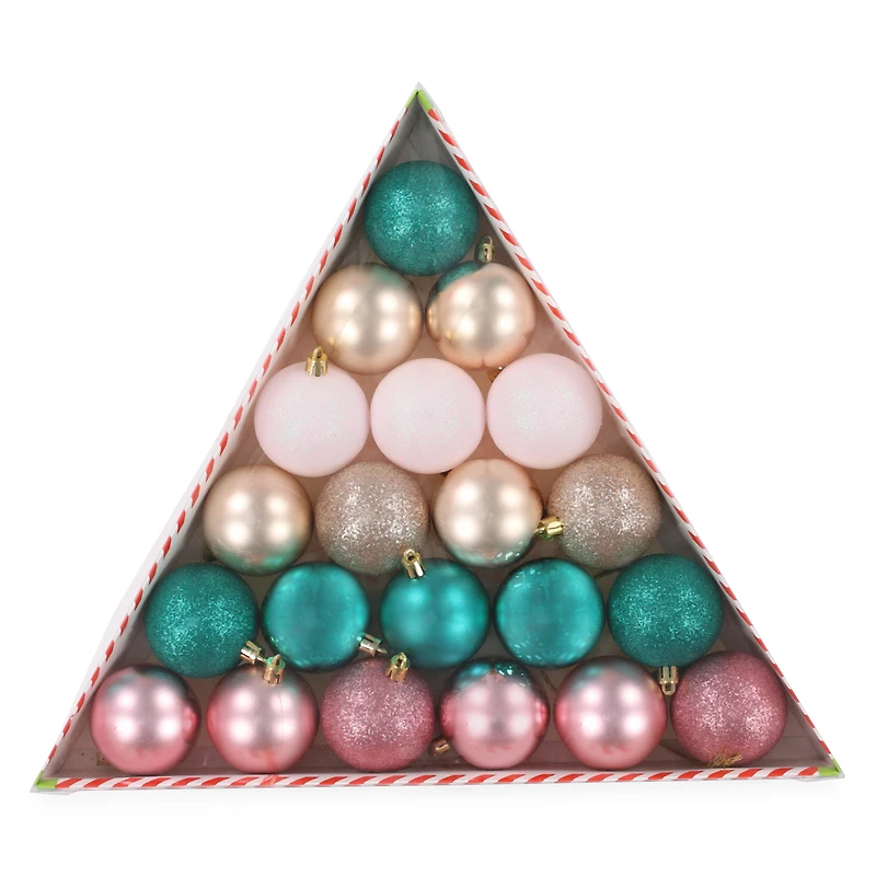 21-count christmas tree ornaments set, pink & teal