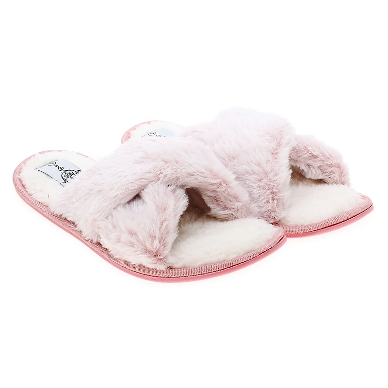 pink high pile faux fur slippers