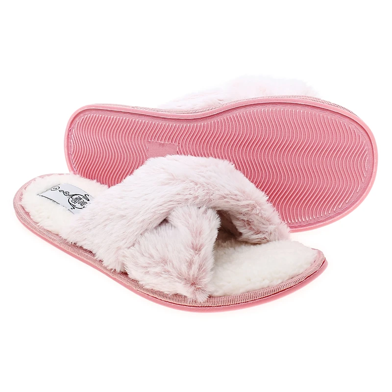 pink high pile faux fur slippers