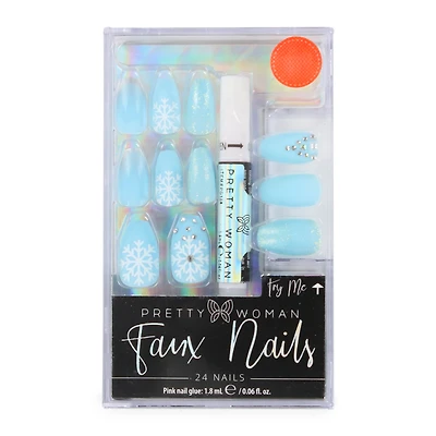 pretty woman faux nails set - blue with snowflakes