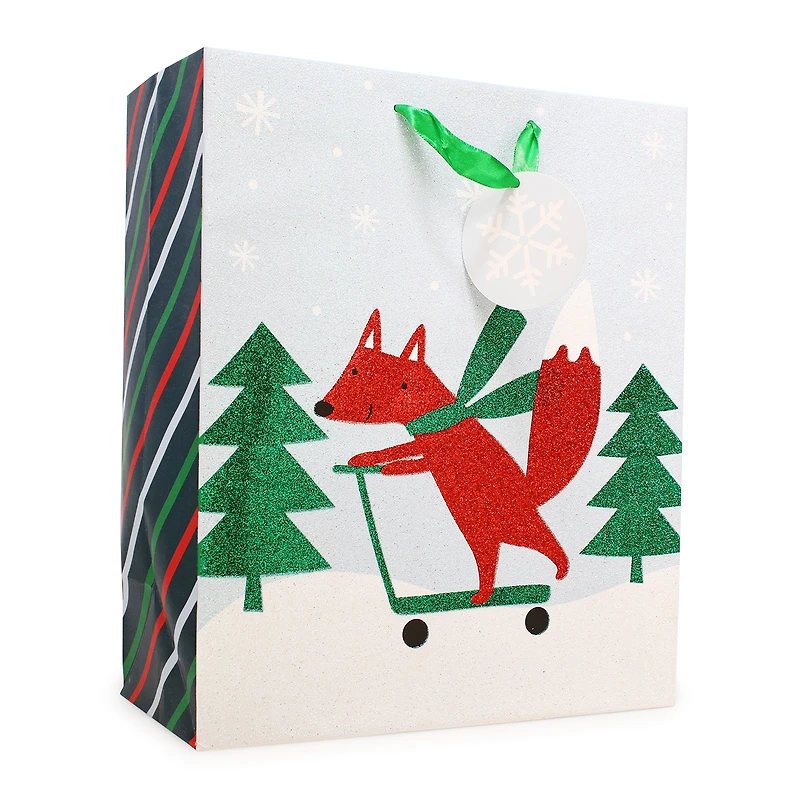 holiday large gift bag 10in x 12in - fox on scooter