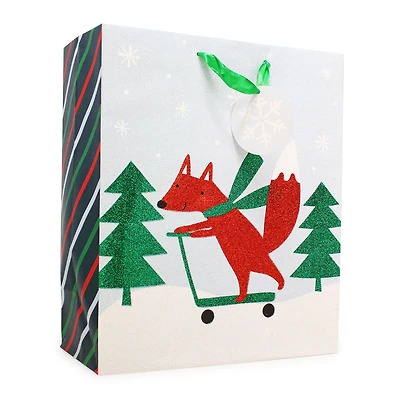 holiday large gift bag 10in x 12in - fox on scooter