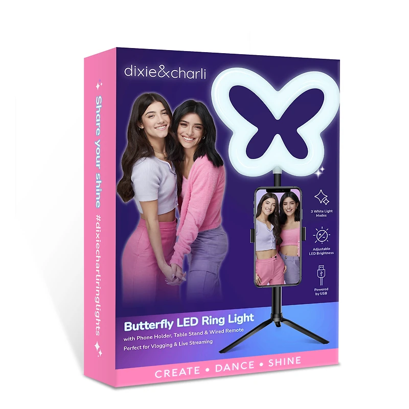 exclusive Dixie & Charli collection 6in heart-shaped LED ring light with phone holder remote