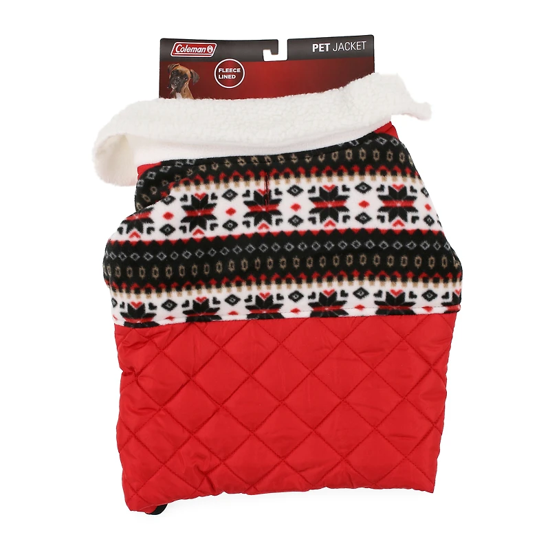 coleman® pet puffer jacket with hood - red fair isle