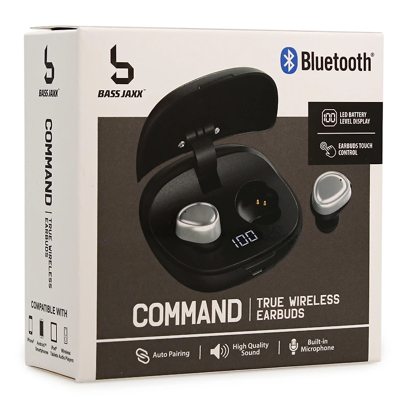 command bluetooth® earbuds with mic & LED display